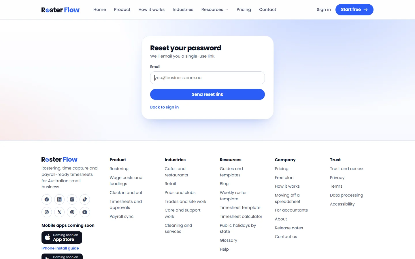 The Reset your password page, with an email field and a Send reset link button