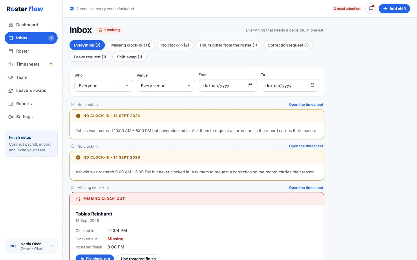 The Inbox with filter chips for each kind of item and their counts, filters for who, venue and dates, and cards for no clock-ins and a missing clock-out