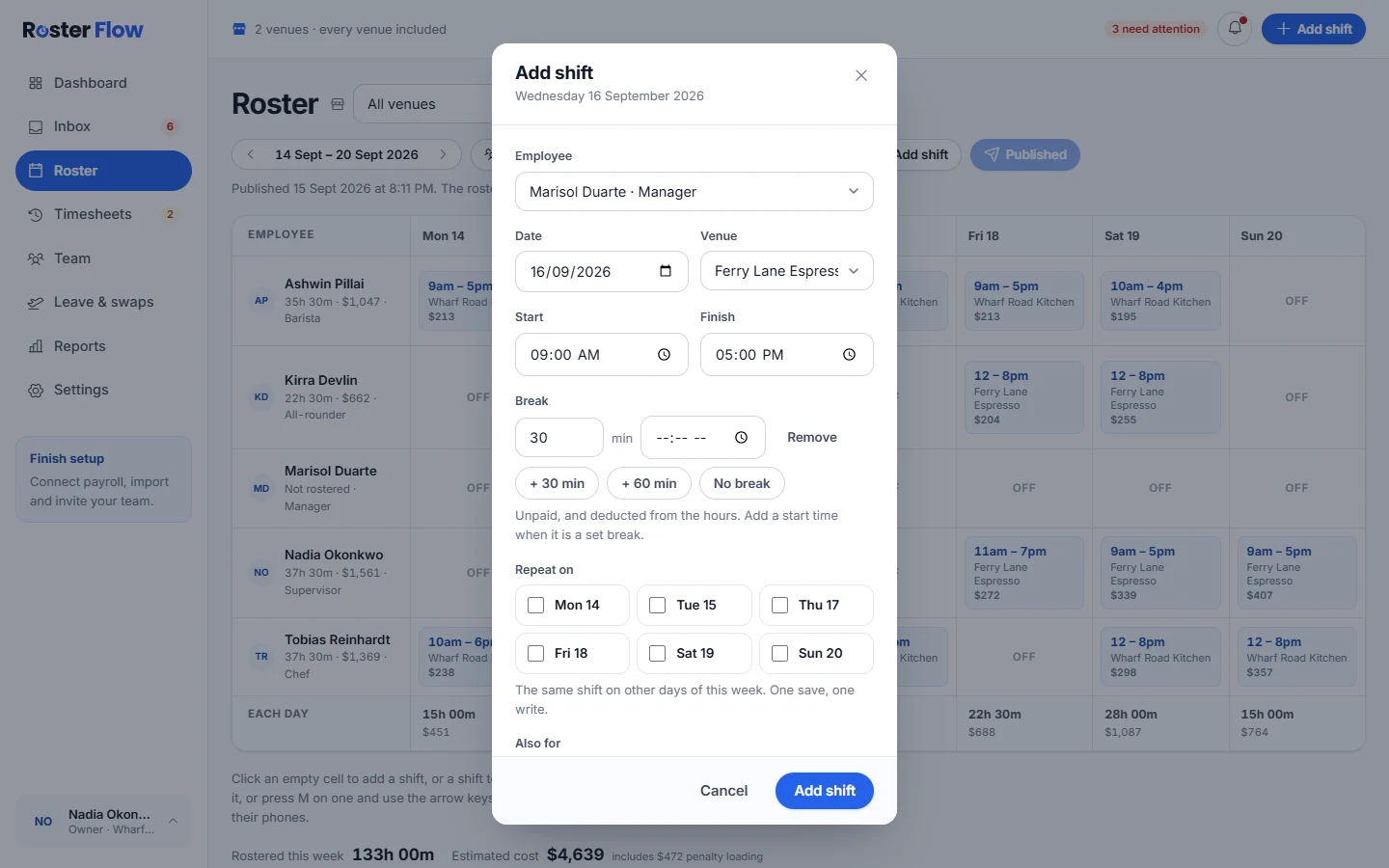 The Add shift dialog with employee, date, venue, start and finish, break options, Repeat on and Also for, and the paid time for the shift