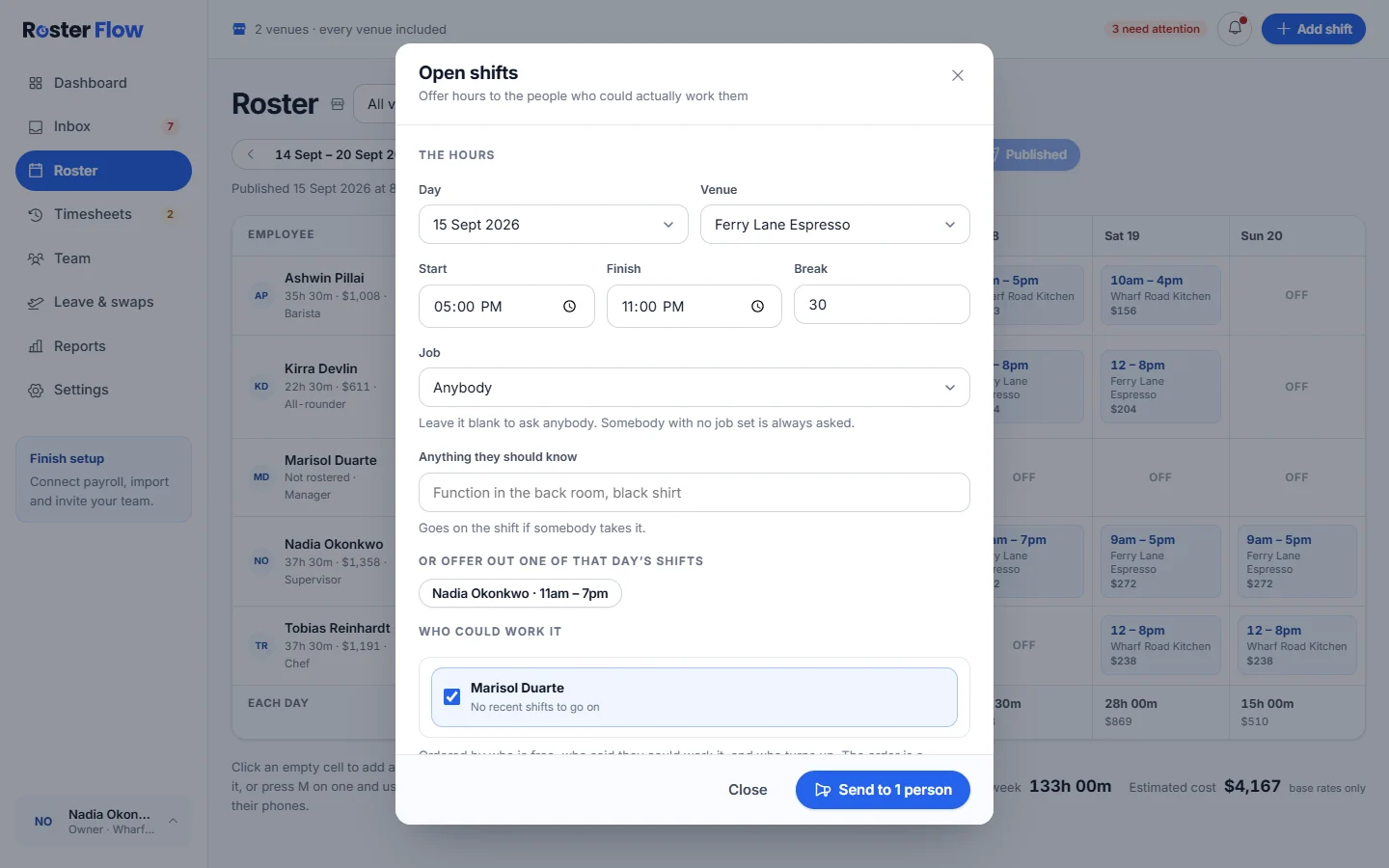 The Open shifts dialog with the hours to offer, and a list of who could work it