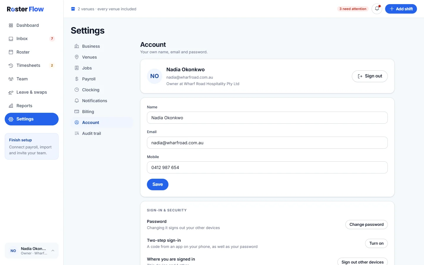 Settings open at Account, with name, email and mobile, and the sign-in and security section with password, two-step sign-in and where you are signed in