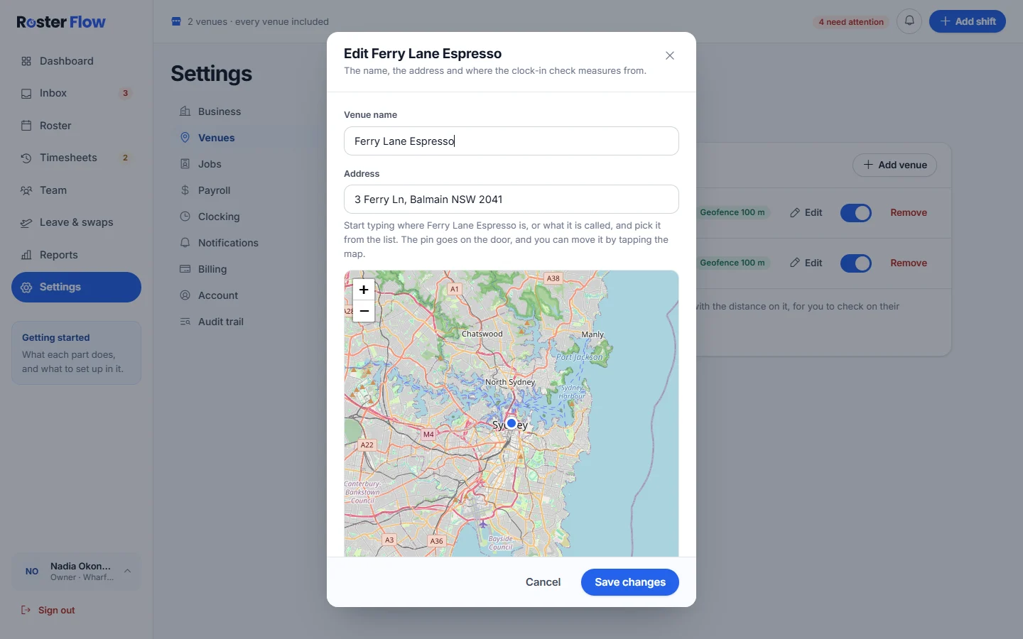The venue dialog with the address, a map with the venue pinned, and a slider for how far from the venue counts as on site
