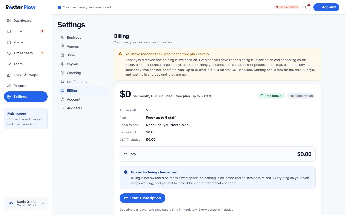 Settings open at Billing on the free plan, with a notice about reaching the 5 people it covers, the active staff count, the plan and what is paid