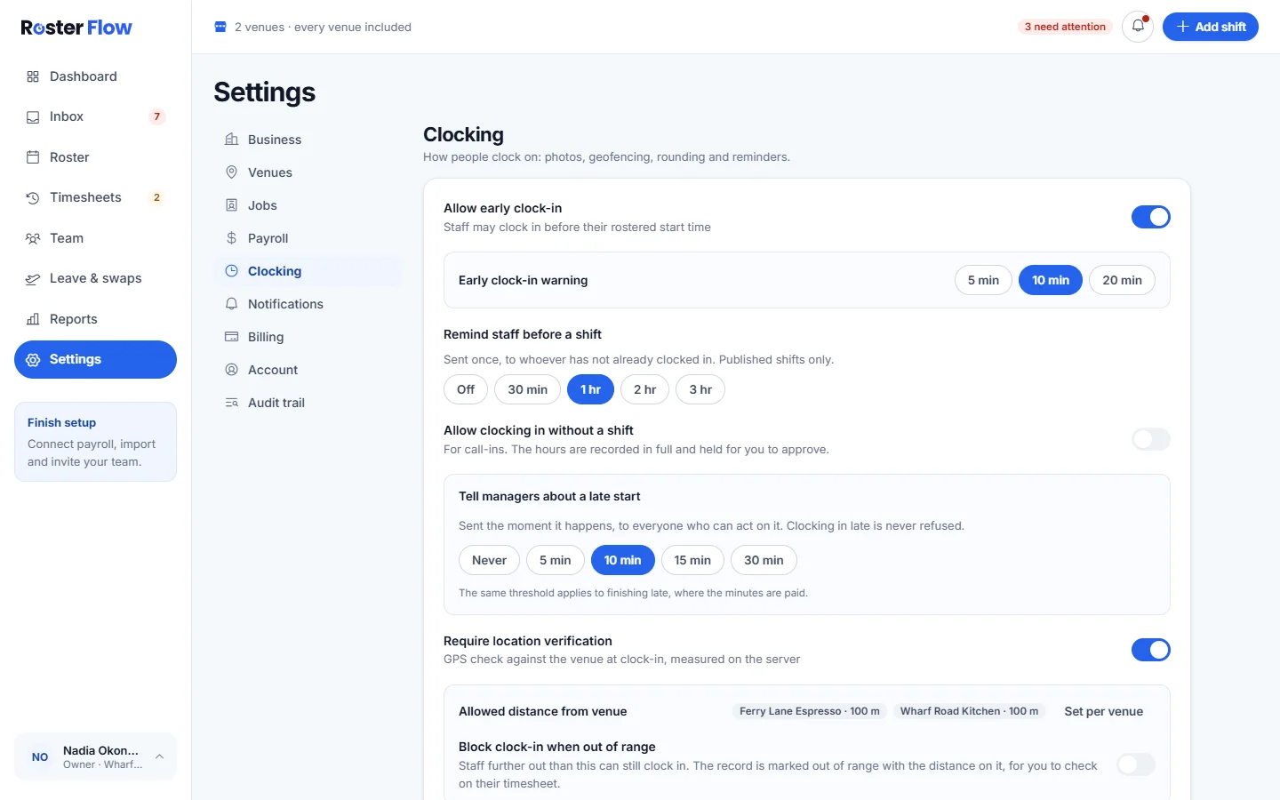 Settings open at Clocking, with early clock in, reminders before a shift, clocking in without a shift, late start alerts and location verification