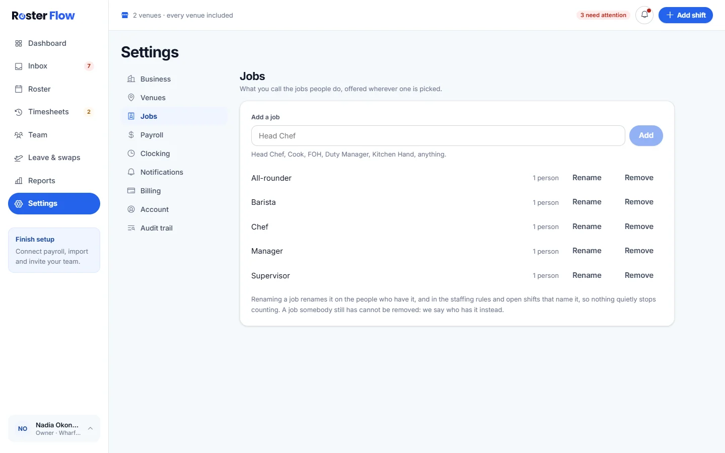 Settings open at Jobs, with a box to add a job and each job listed with how many people have it, Rename and Remove
