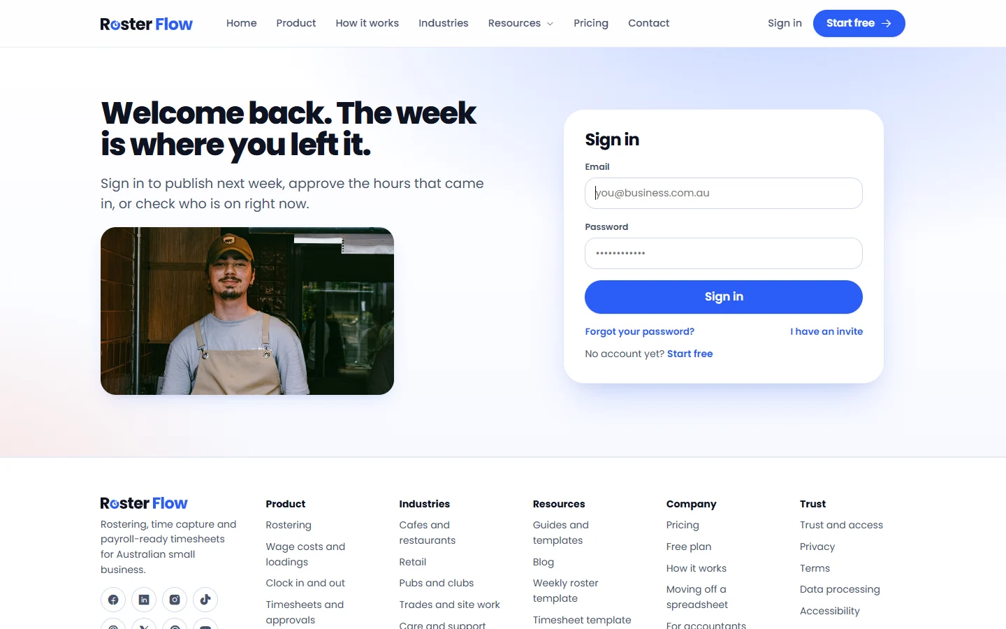 The Roster Flow sign in page with email and password, a Sign in button, and links for a forgotten password and for an invite
