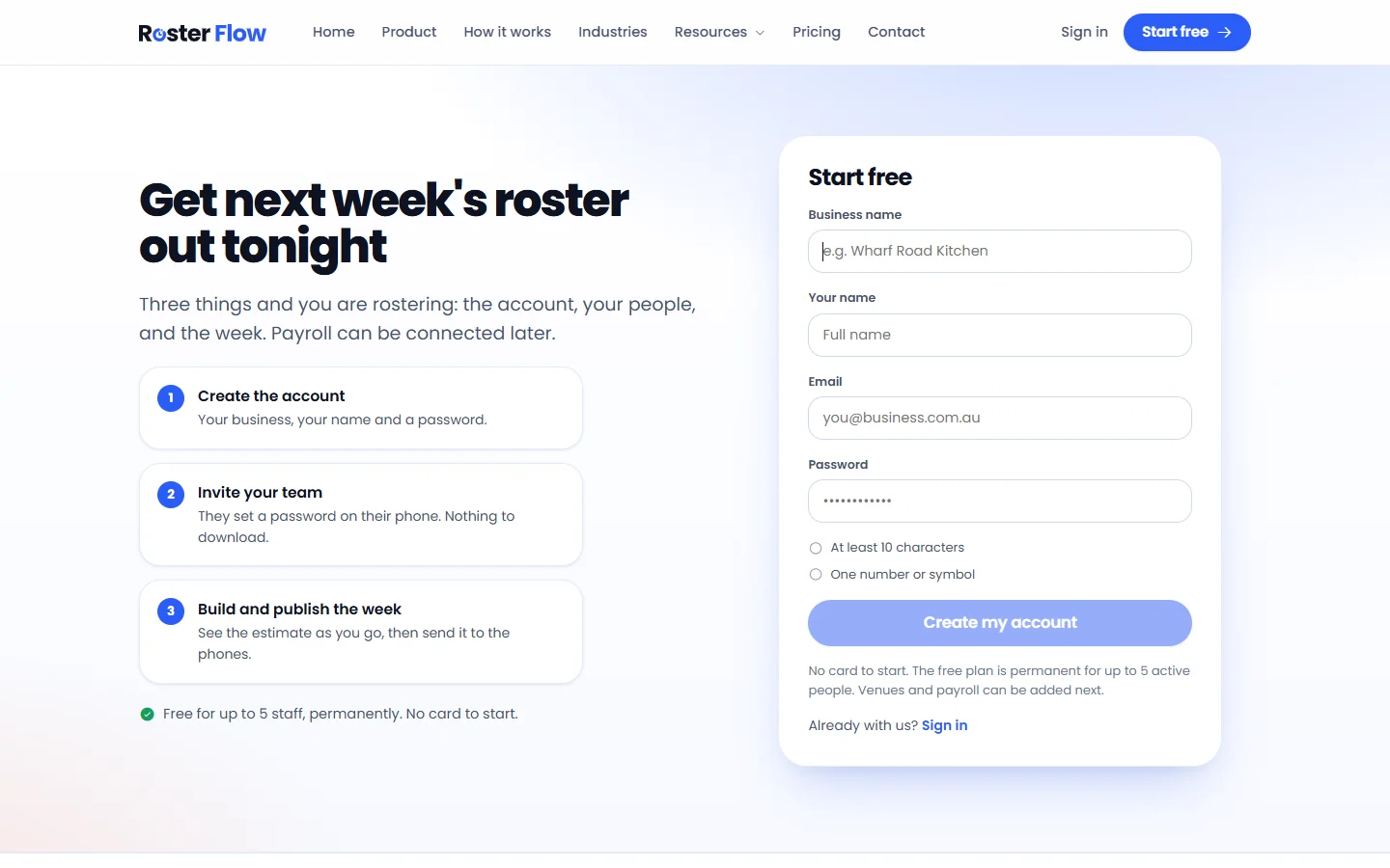 The Roster Flow sign up page, with fields for business name, your name, email and password beside the first three steps of getting started