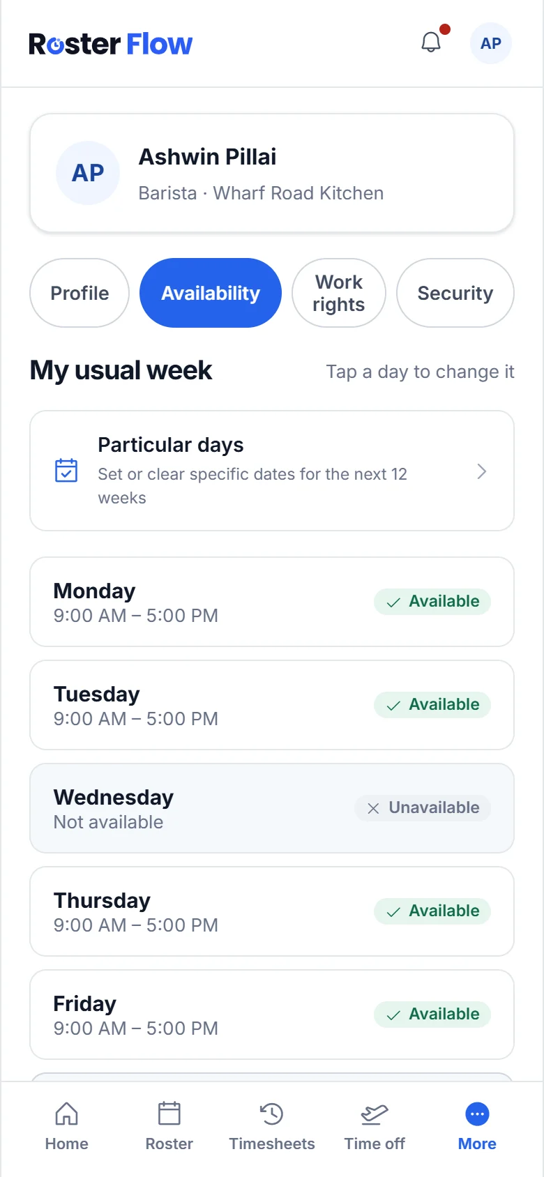 The Availability tab on a phone, listing each day of the usual week as available with its hours, or unavailable