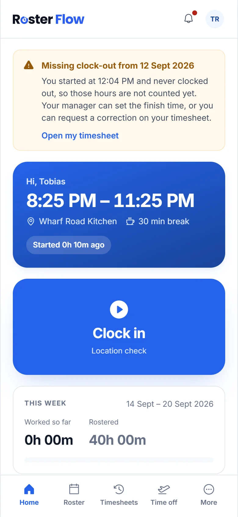 The Home tab of the staff app, showing today’s shift at the venue and a large Clock in button with a location check