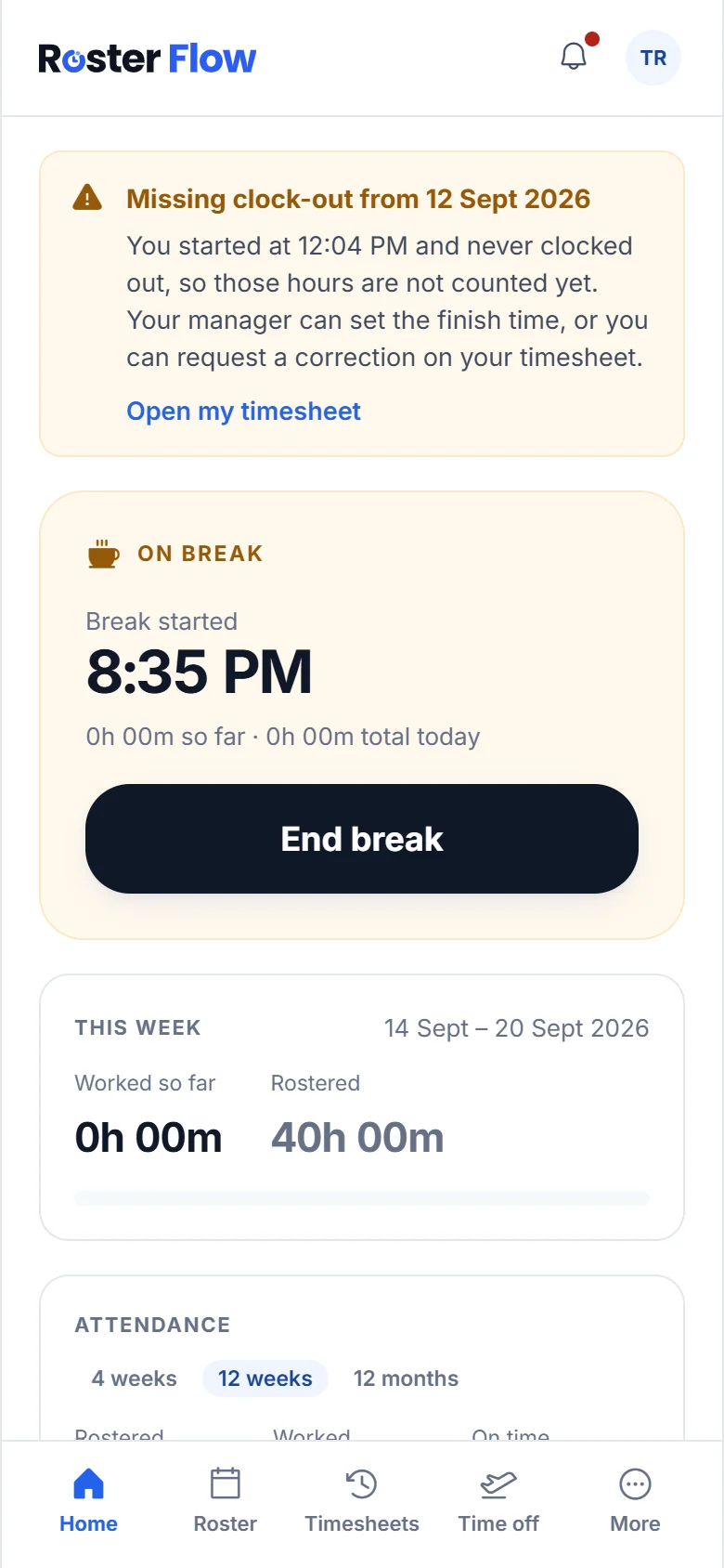 The staff app on a break, showing how long the break has run and an End break button