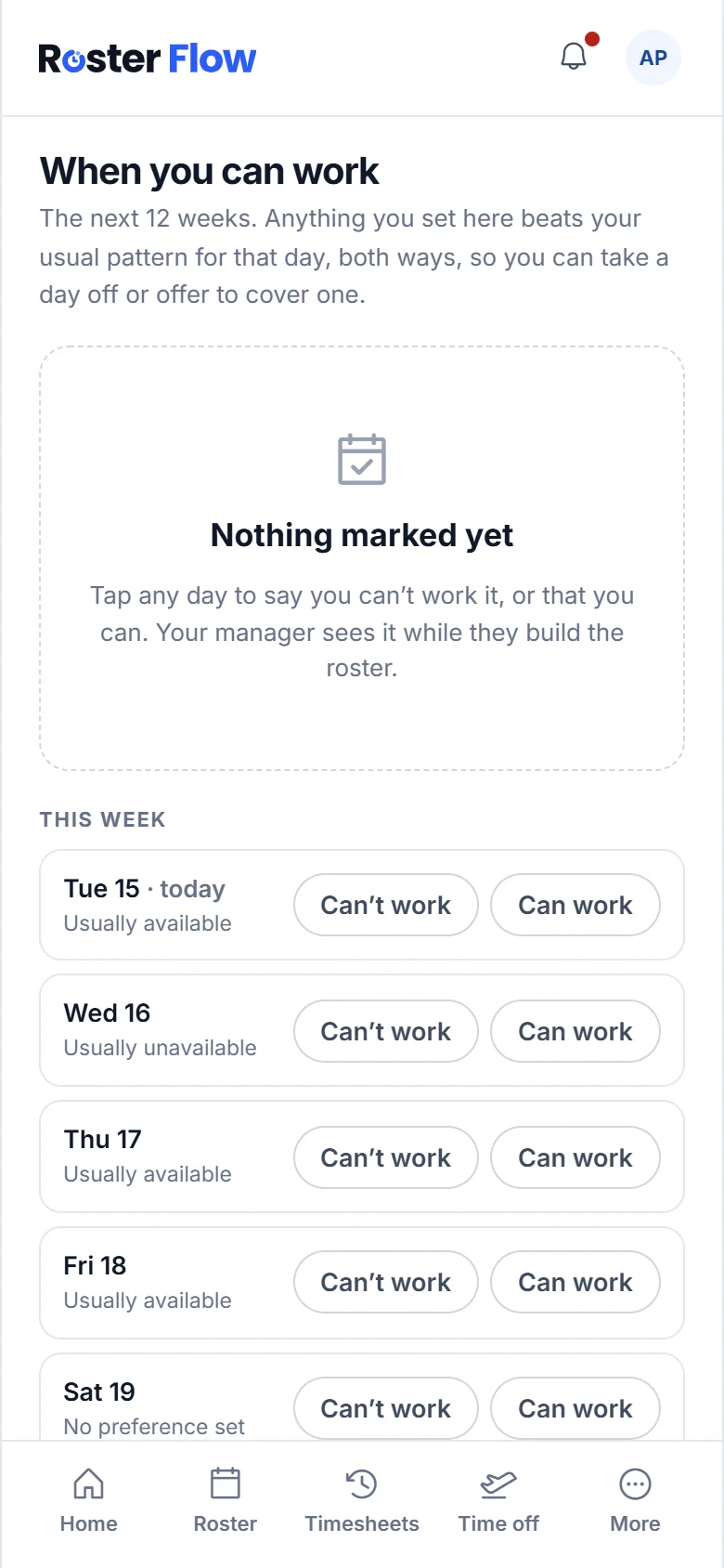 The screen for particular days, listing the dates ahead with buttons to say you can work or cannot