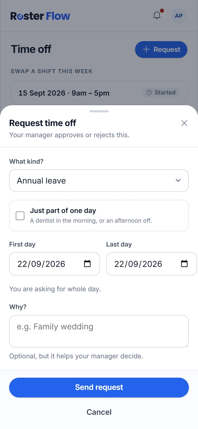 The Request time off form with the kind of leave, a box for part of one day, the first and last day, and a reason