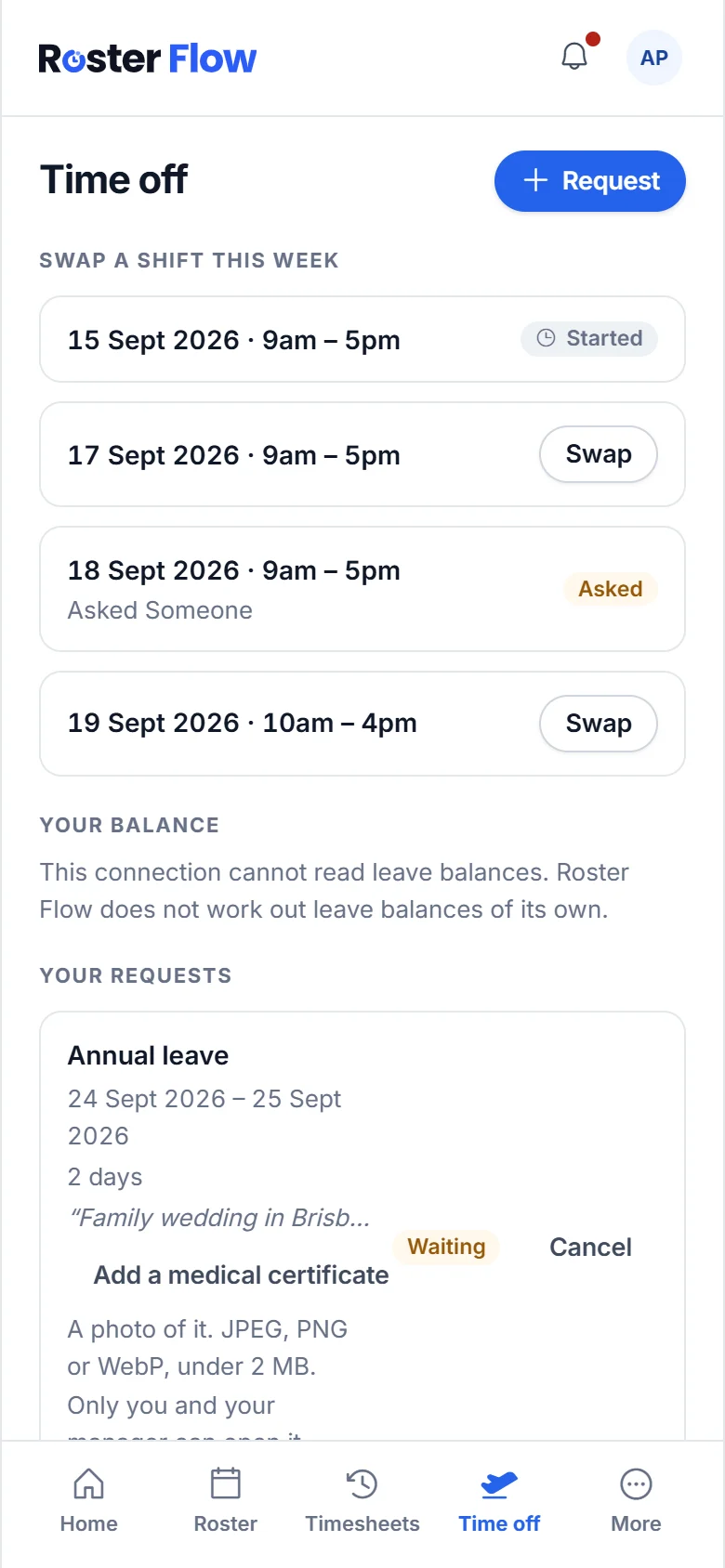 The Time off tab with a shift marked as asked about, and an annual leave request waiting for the manager