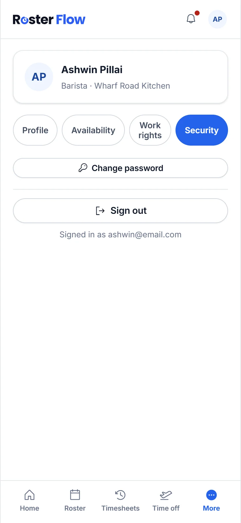 The Security tab of the staff app, with Change password, Sign out and the email the phone is signed in with