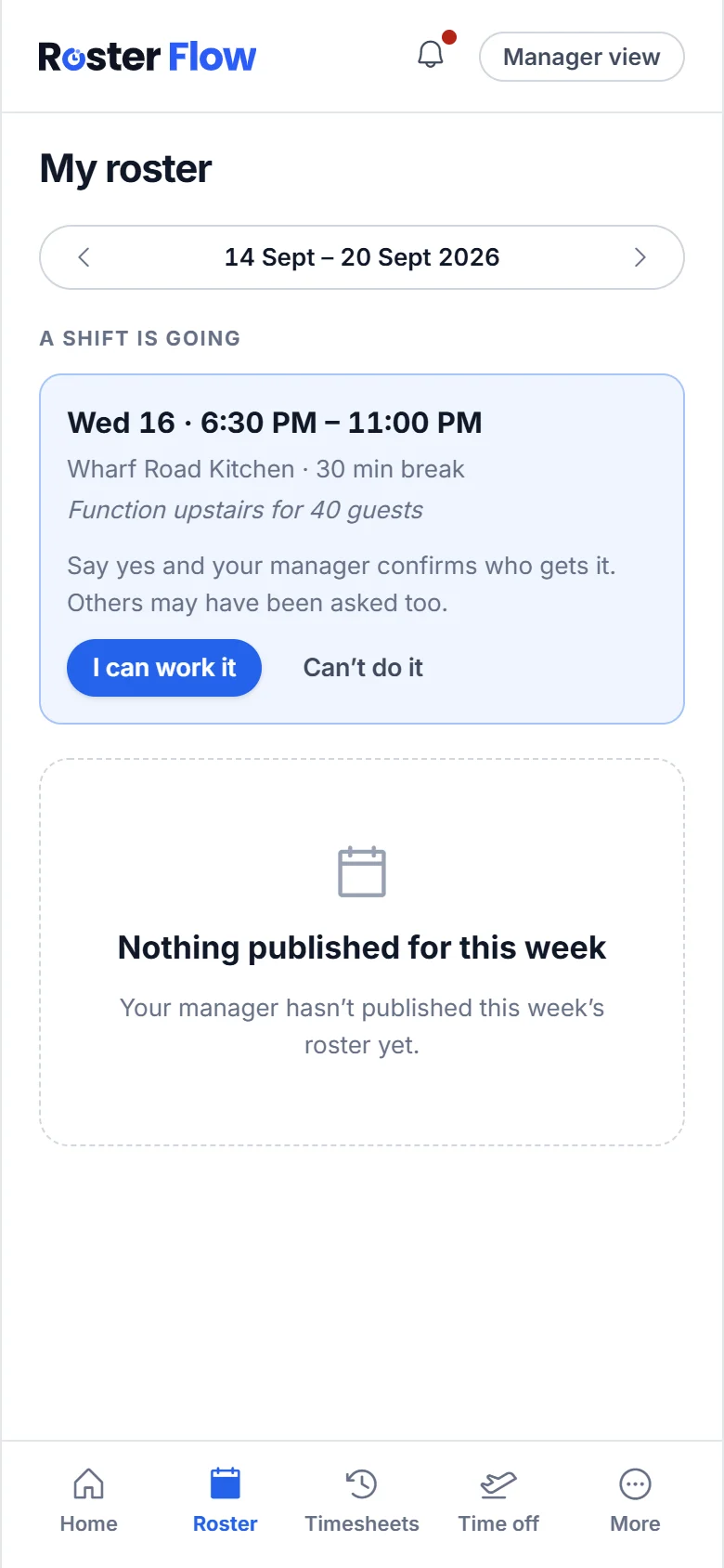 The Roster tab on a phone with an offered evening shift and buttons to say you can work it or cannot