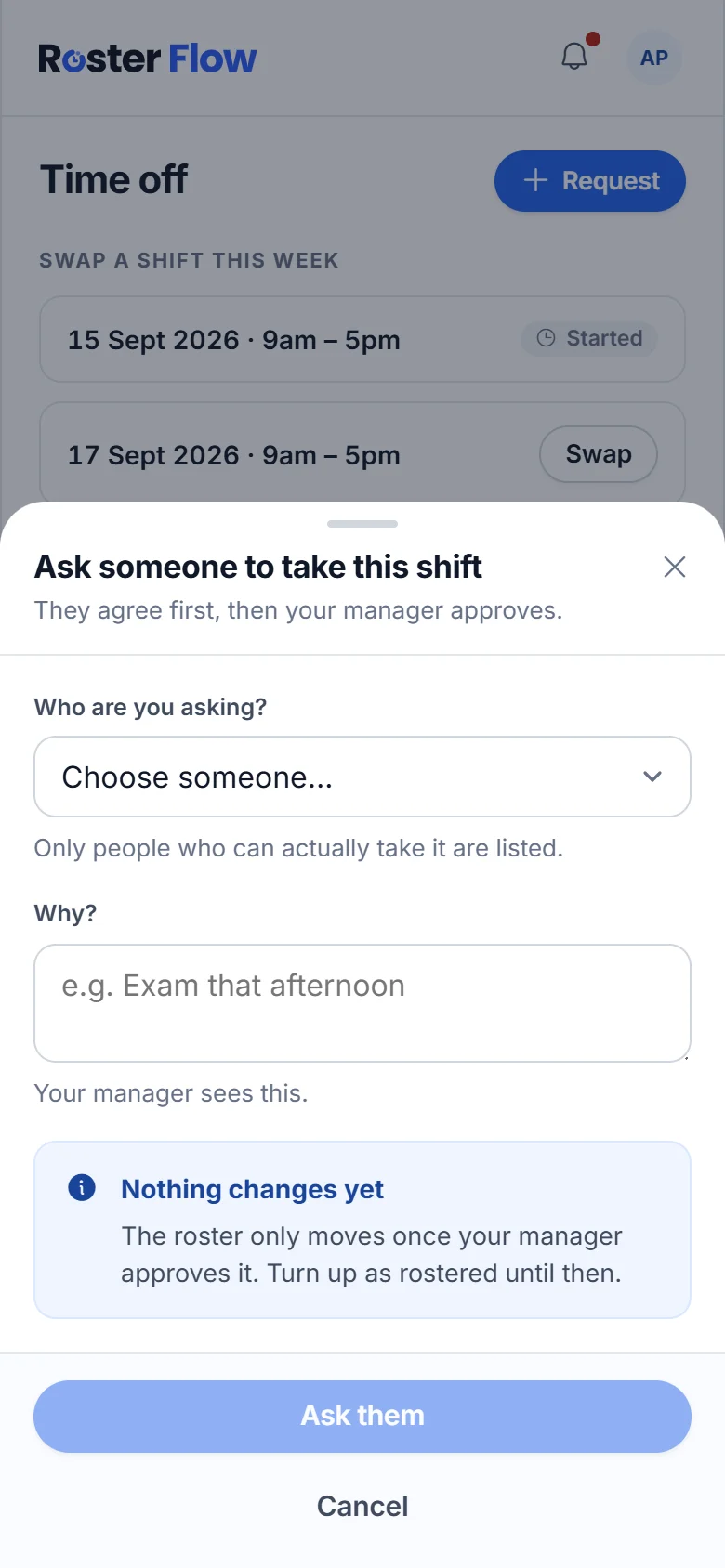 The form to ask someone to take a shift, with a list of who can take it and a reason