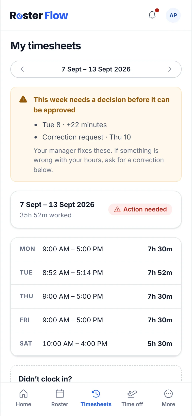 My timesheets on a phone, listing each day of the week with the times worked and the total