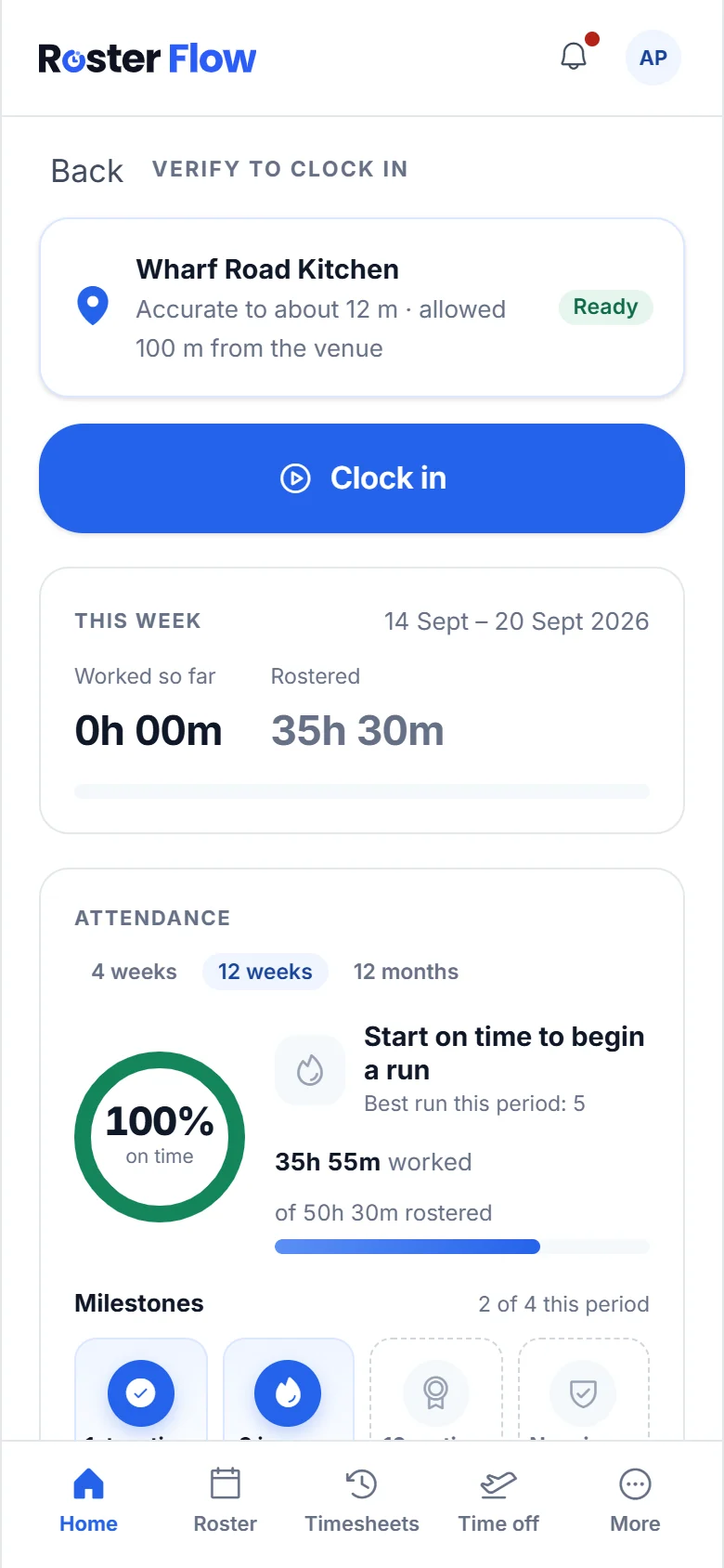 The clock in check on a phone, with the venue location ready and a button to clock in