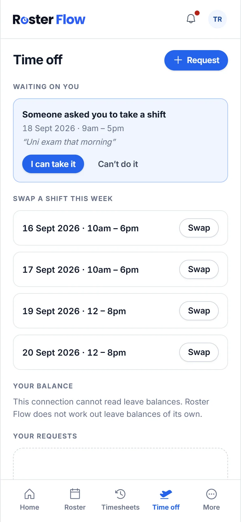 The Time off tab showing a request from a workmate to take their shift, with I can take it and Can’t do it