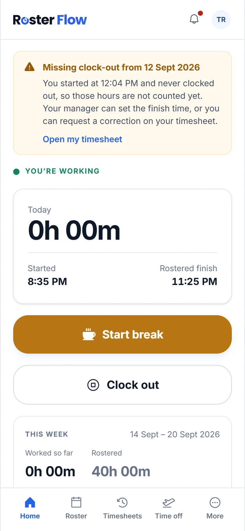 The staff app while clocked in, with the time worked so far and buttons to start a break or clock out