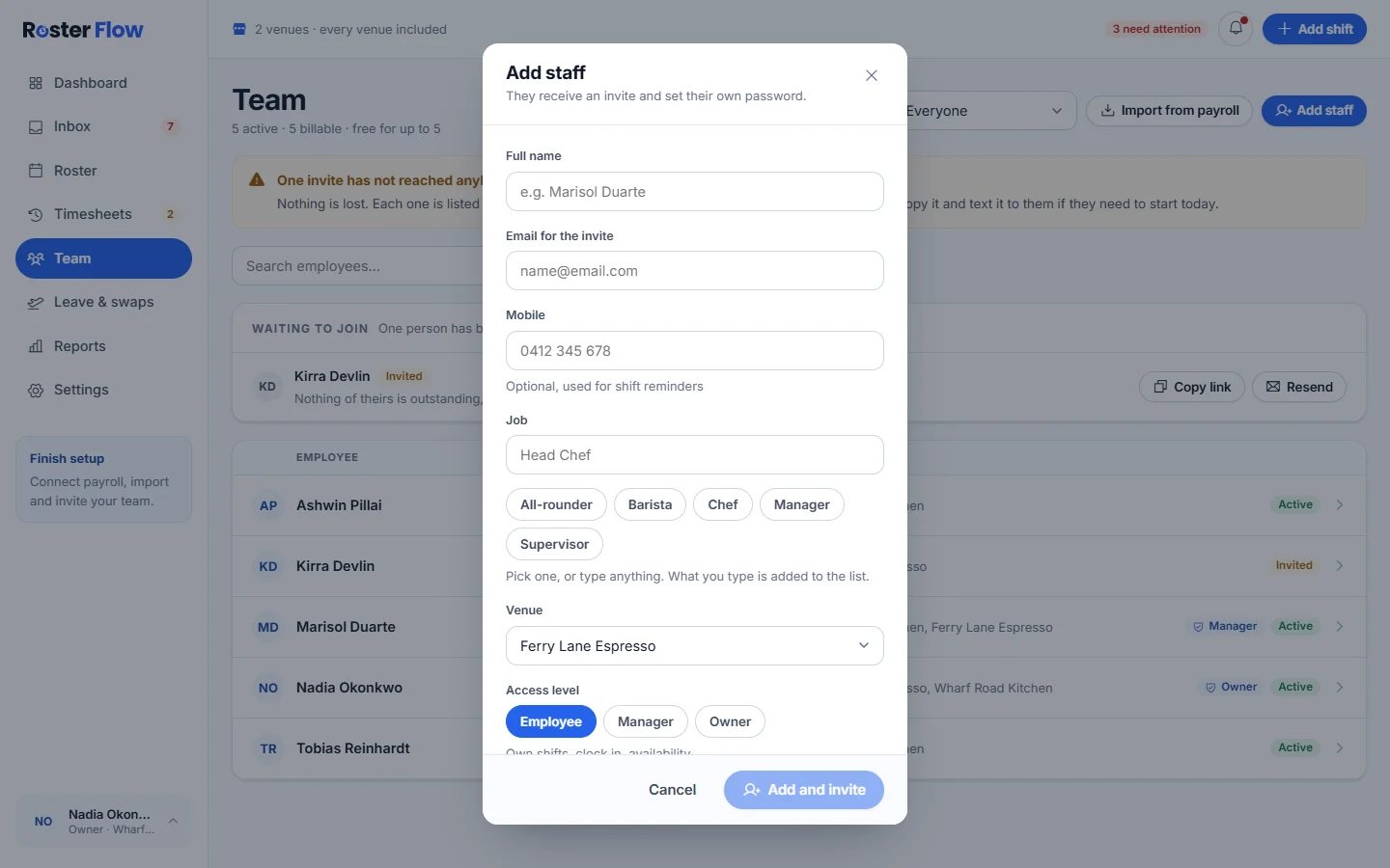 The Add staff dialog with full name, email for the invite, mobile, job, venue and access level