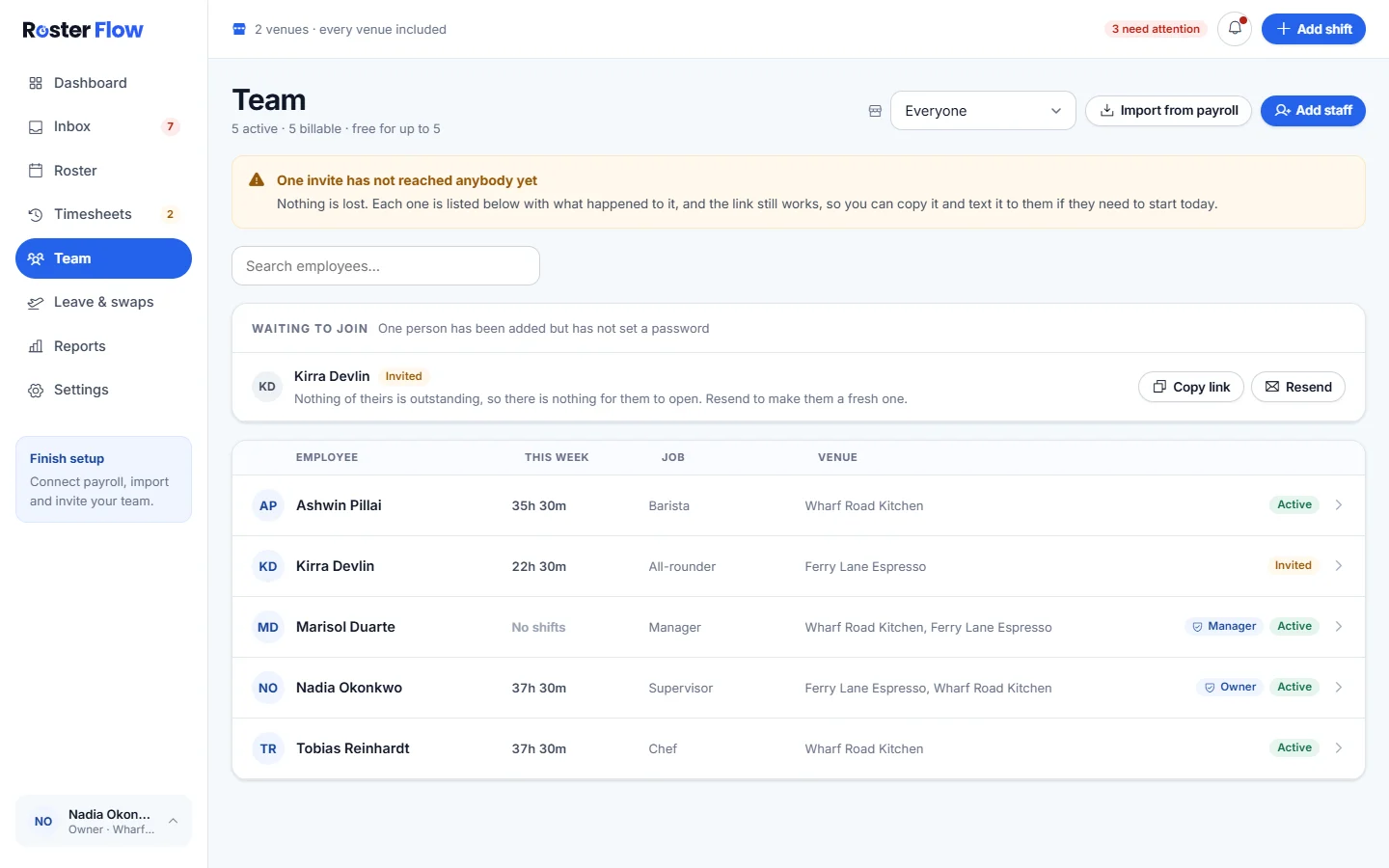 The Team screen with people waiting to join and their invite status, and the team list with each person’s hours this week, job and venue