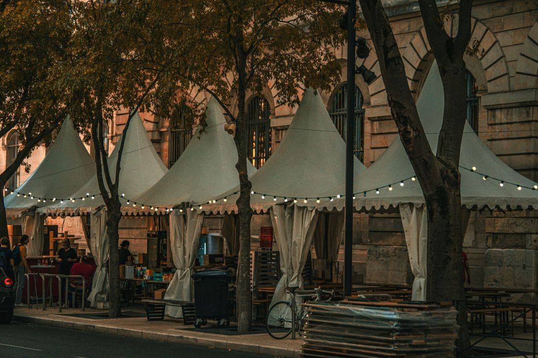 A row of white market tents with string lights along a tree-lined street