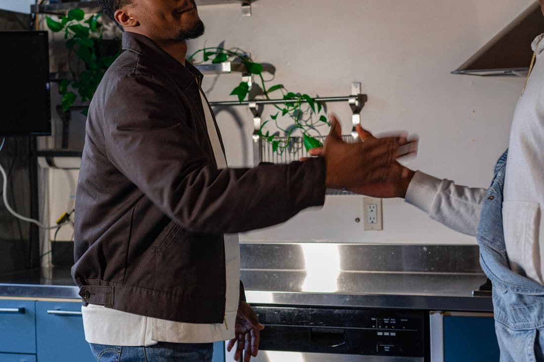 Two men reaching out to shake hands beside a stainless steel bench in a kitchen, with a trailing plant on a wall shelf