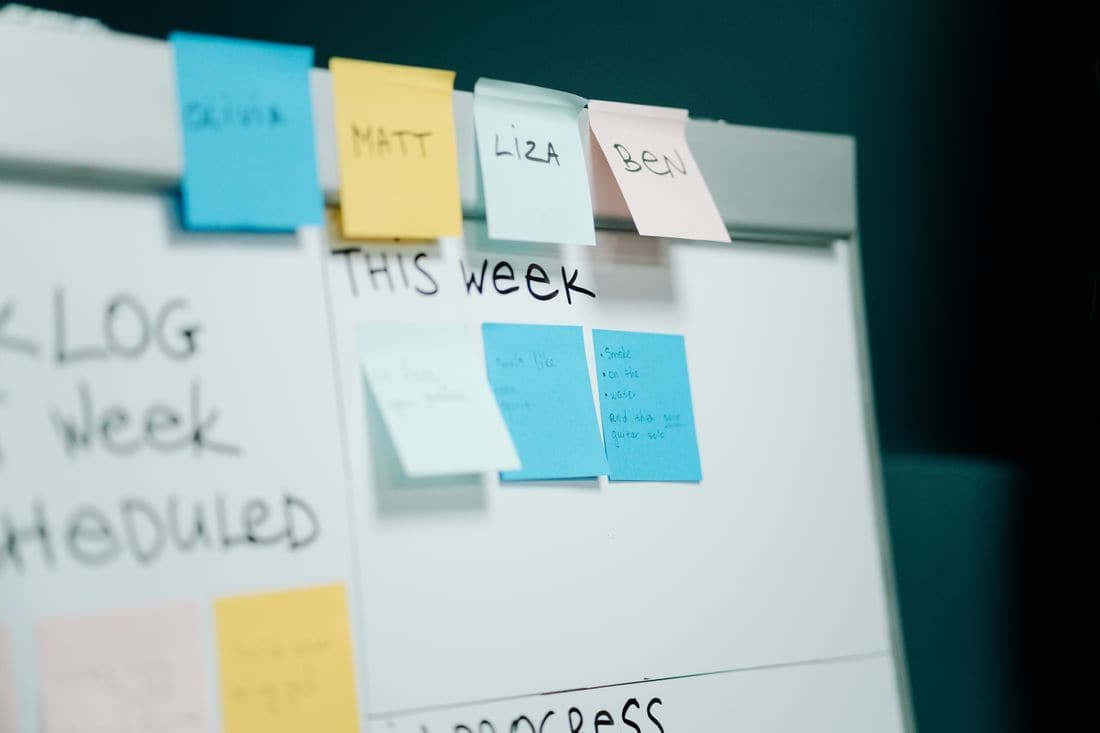 A whiteboard planner with staff names on sticky notes above a column for this week