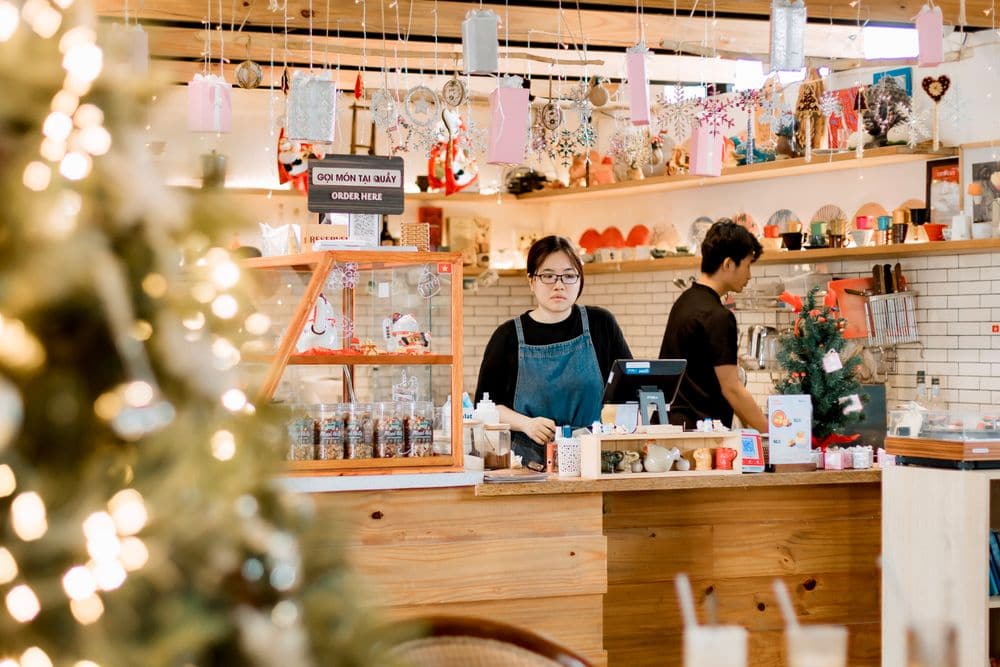 A cafe counter decorated for the festive season