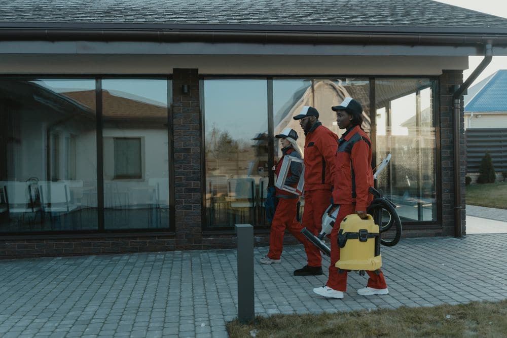 A cleaning team walking to a job with their equipment