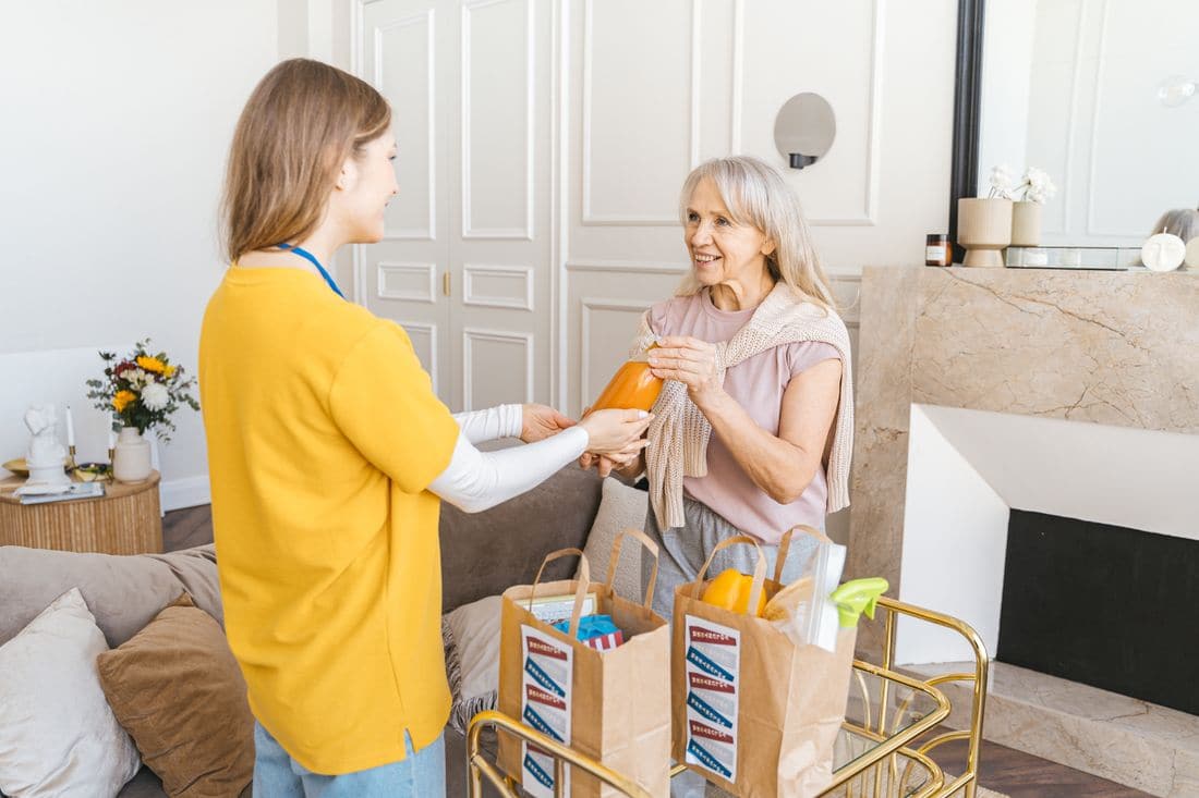 A support worker bringing groceries to an older woman at home